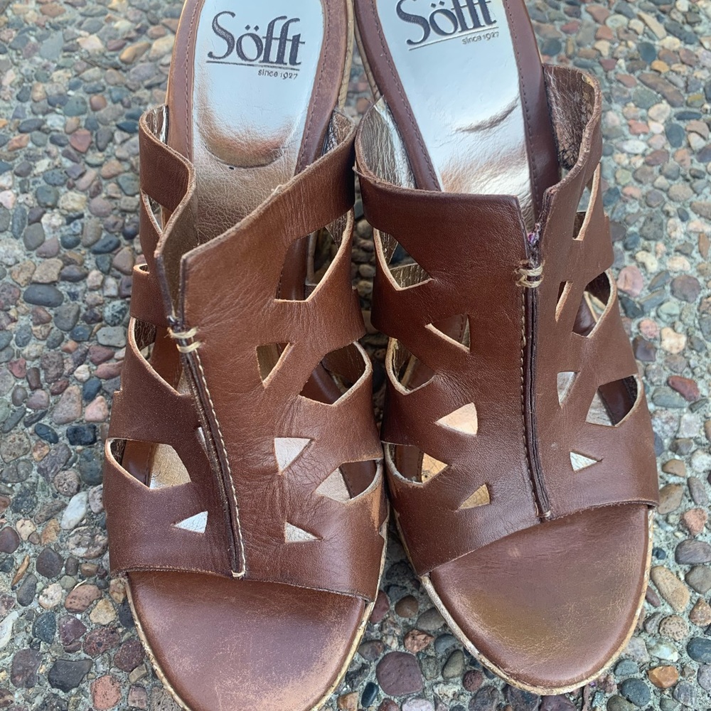 Sofft Platform Sandal size 8 Heels Haiku brown Leather cutout gold flecked cork - Picture 7 of 8